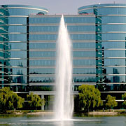 Urban pond floating fountain. Geiser