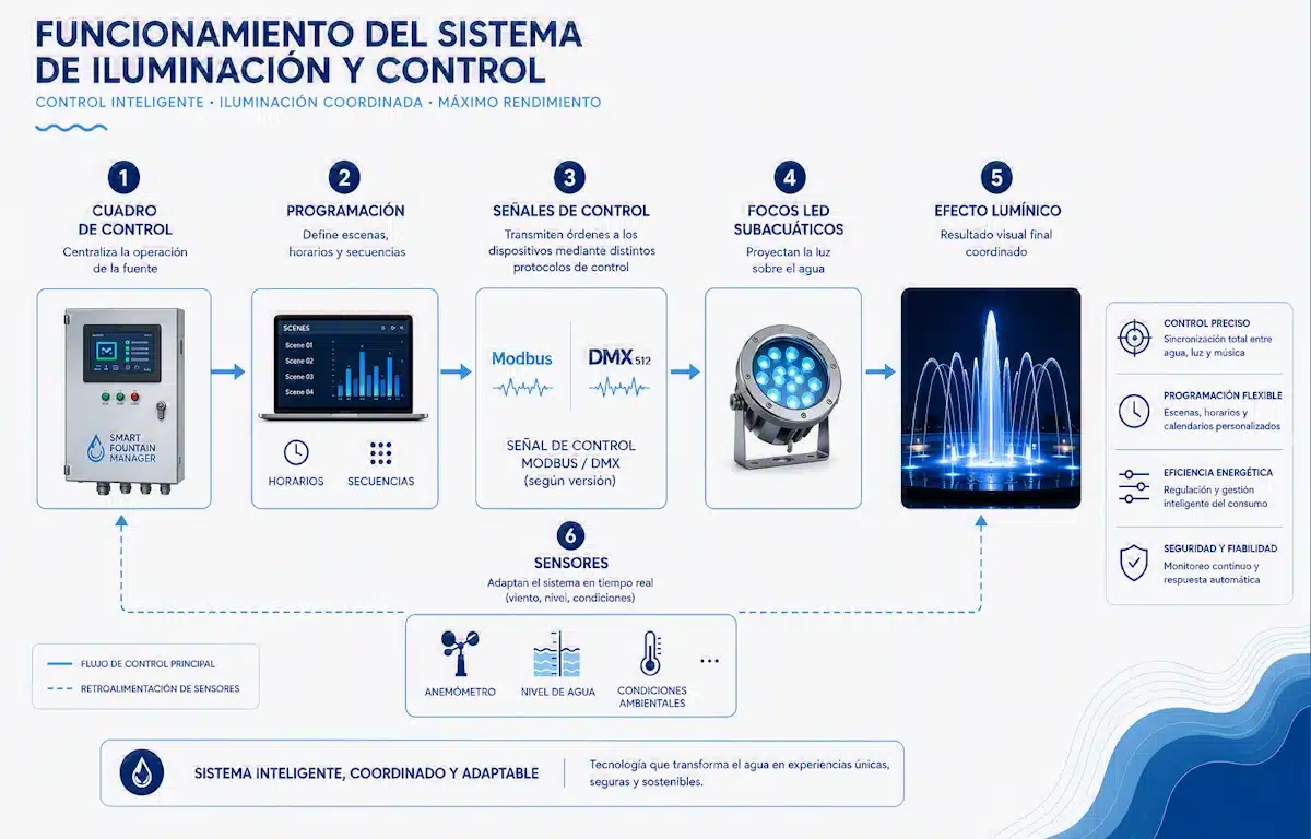 Diagram of the operation of the lighting and control system in an architectural fountain Operation of the lighting and control system in an architectural fountain.