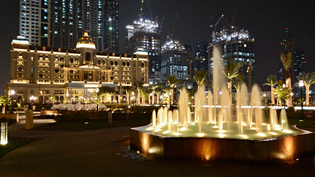 Architectural fountain illuminated at night Architectural fountain with its components illuminated at night