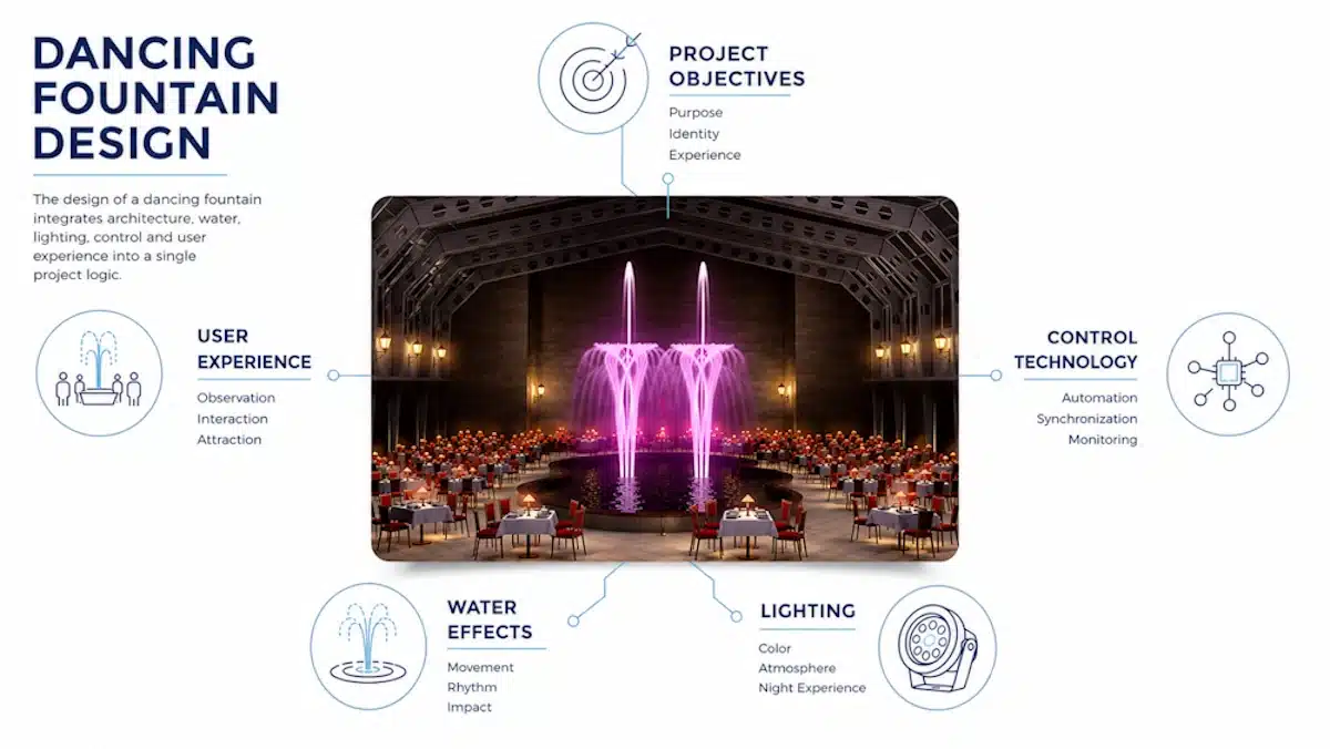 3D render of a dancing fountain, identifying the critical points an architect must consider when approaching this type of project 3D render of a dancing fountain, identifying the critical points an architect must consider when approaching this type of project