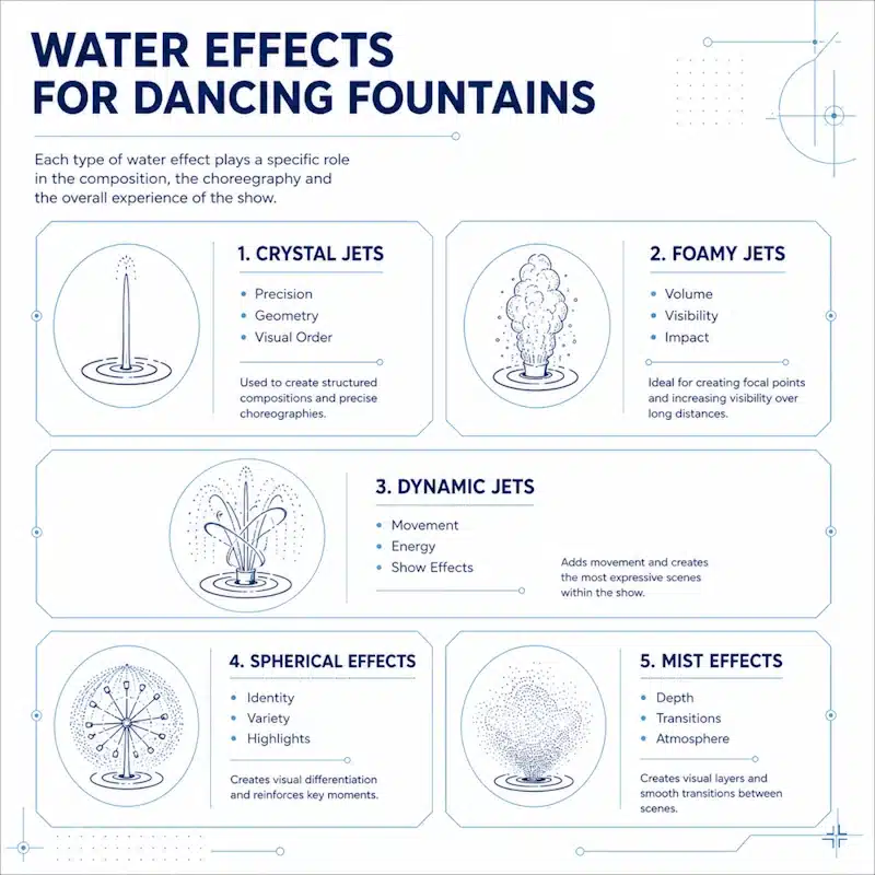 Selecting suitable water effects for a dancing fountain based on the fountain head categories: crystalline, foamy, atomized, spherical, or dynamic Selecting suitable water effects for a dancing fountain based on the fountain head categories: crystalline, foamy, atomized, spherical, or dynamic