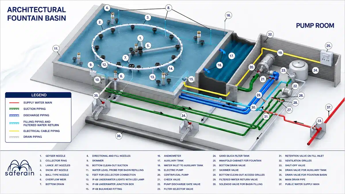 Comprehensive diagram detailing all components of an architectural fountain Detailed schematic outlining all essential components required for architectural fountain design