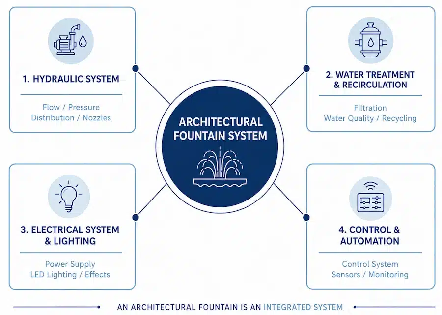 Complete diagram of the blocks that comprise an architectural fountain Block diagram illustrating the components of a complete architectural fountain system.