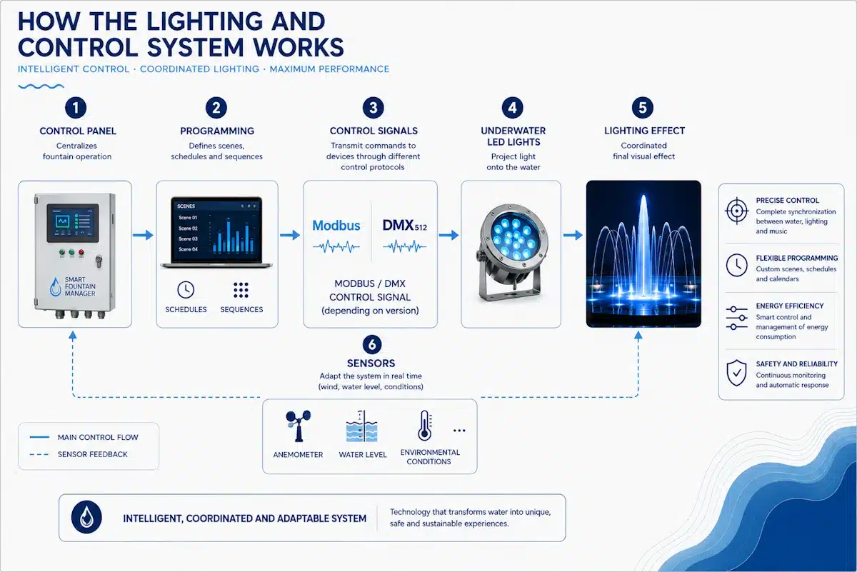 Diagram of the operation of the lighting and control system in an architectural fountain Operation of the lighting and control system in an architectural fountain.