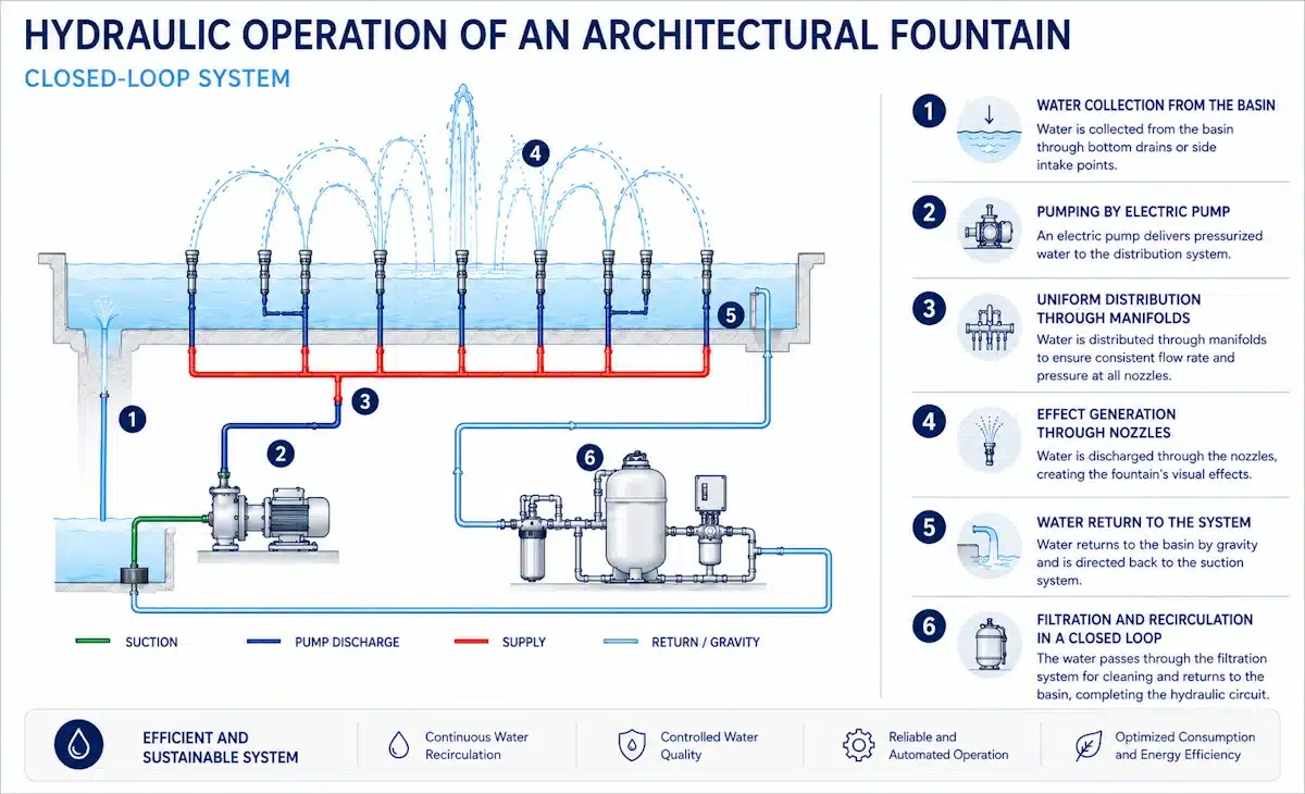 Diagram of the hydraulic operation of an architectural fountain Hydraulic operation of an architectural fountain for an efficient and sustainable system.